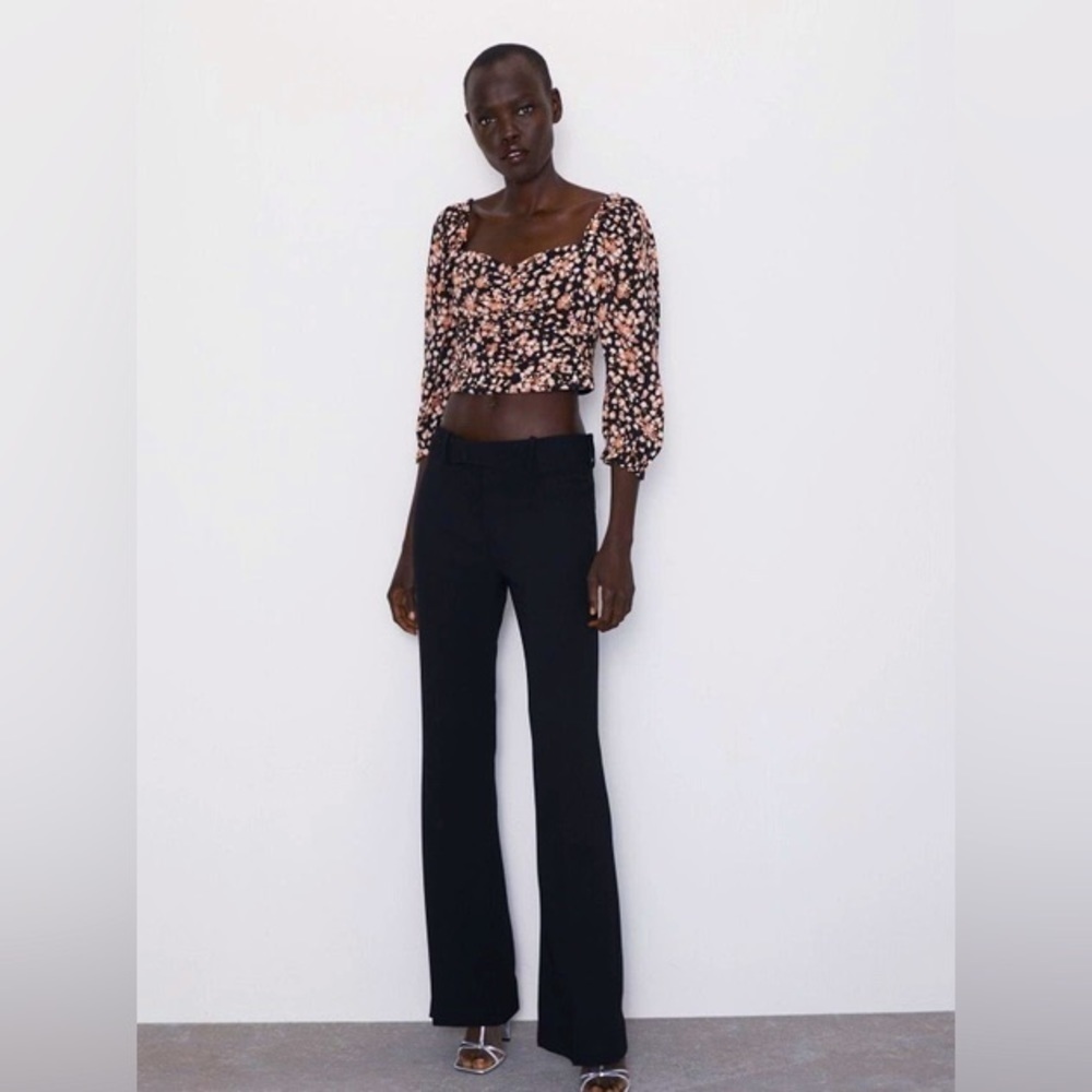 ZARA Black Floral Ruched Crop Top S